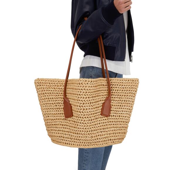 Bottega Veneta Women's "Arco" Raffia Tote in Tan with Leather Pouch - Picture 1 of 8